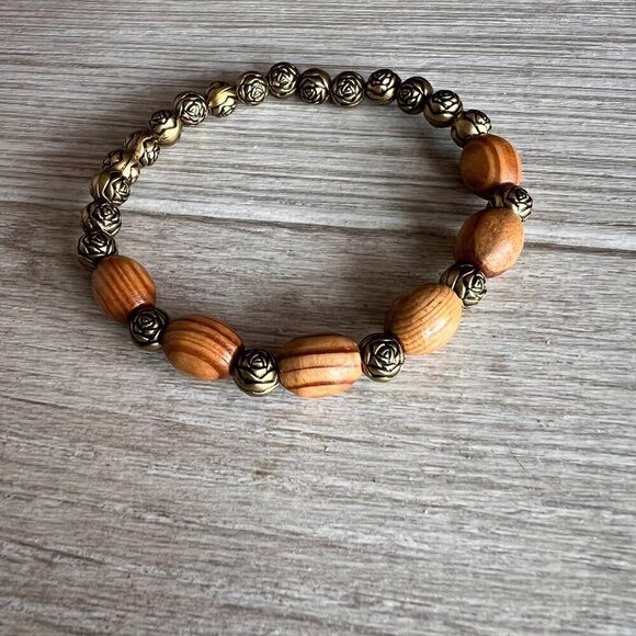 Wood and Metal Beaded Bracelet Stretch Bangle Cuff Bohemian Natural Neutral - Picture 2 of 12